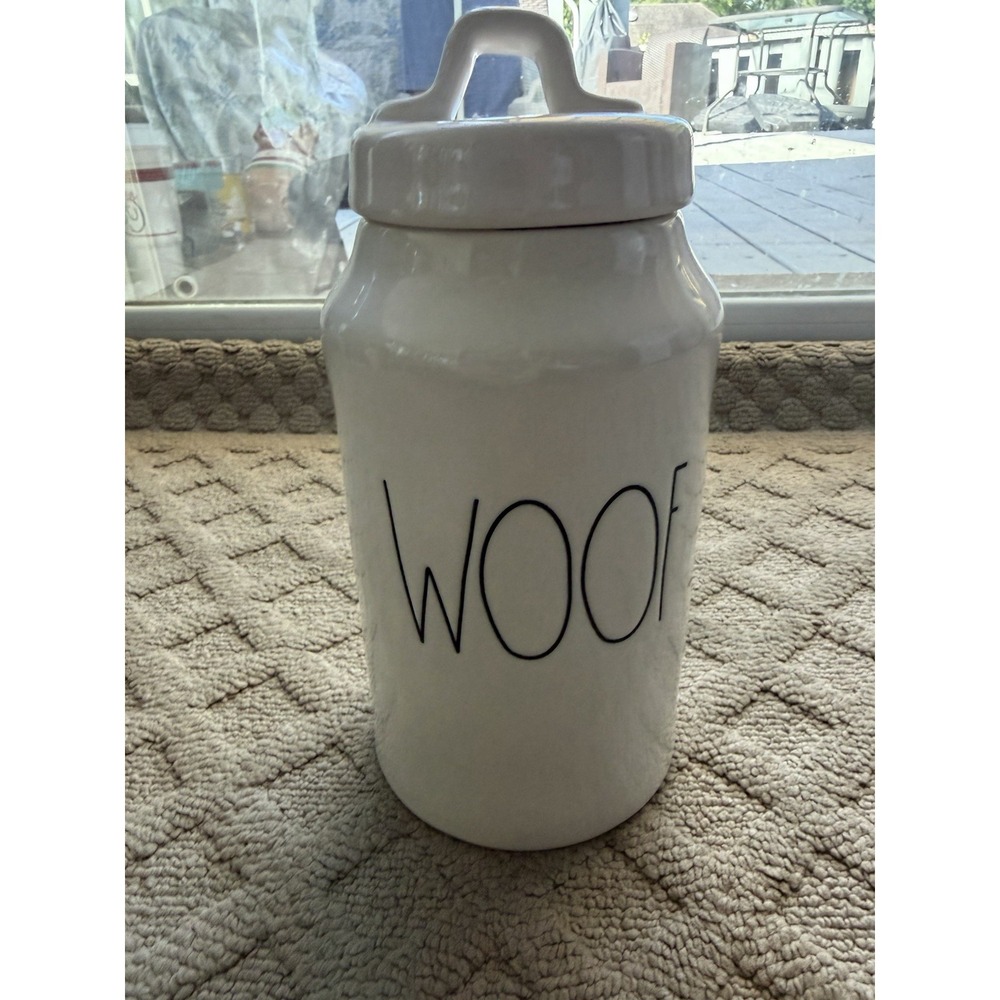 Rae Dunn WOOF Farmhouse Ceramic Pet Dog Treat Canister W/Lid